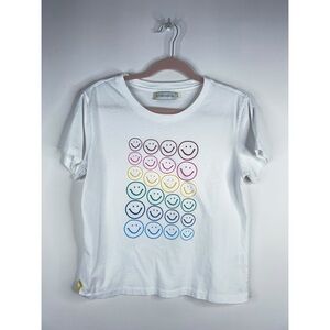 Kerri Rosenthal White Tee Colorful Smiley Faces Rainbow Short Sleeve Art Small